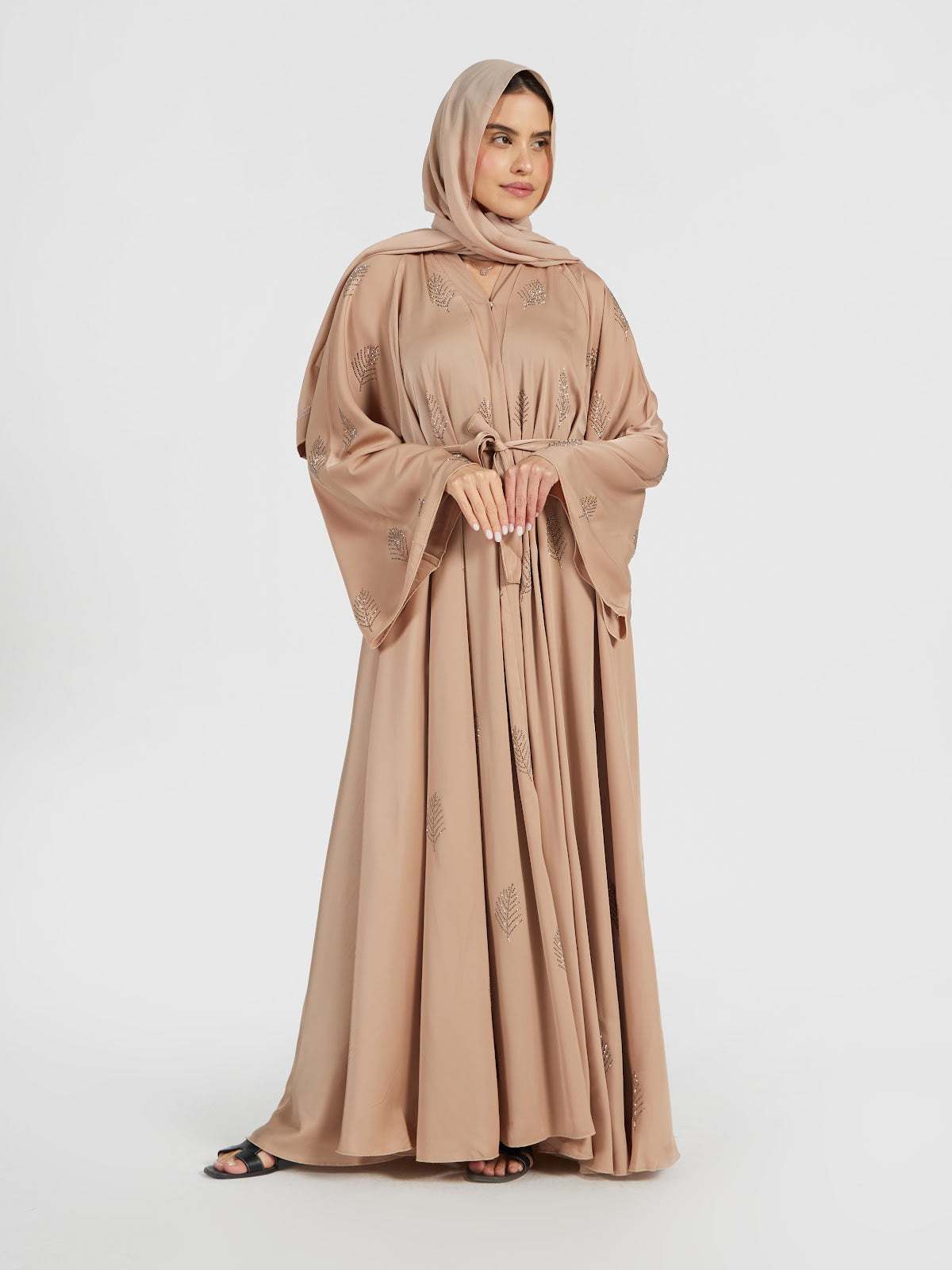 Nude Beige Embellished Abaya with Waist Tie