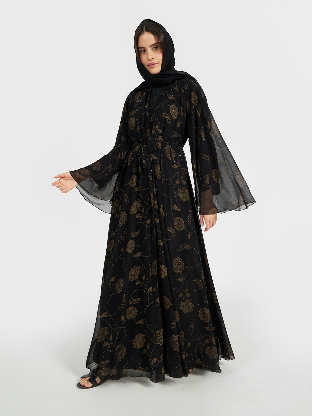 Luxury Gold Floral Print Black Abaya with Sheer Bell Sleeves