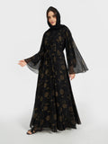 Luxury Gold Floral Print Black Abaya with Sheer Bell Sleeves