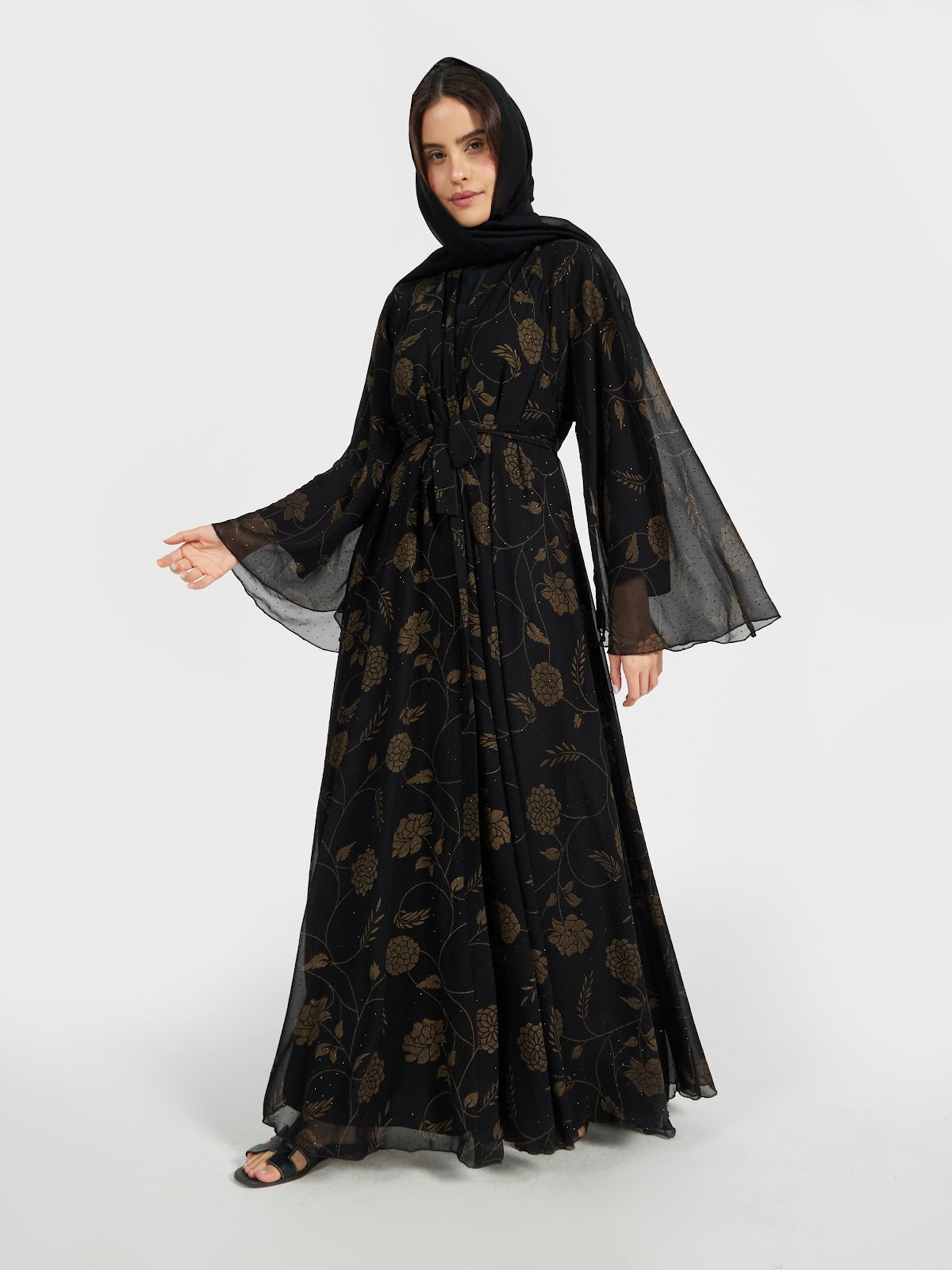 Luxury Gold Floral Print Black Abaya with Sheer Bell Sleeves