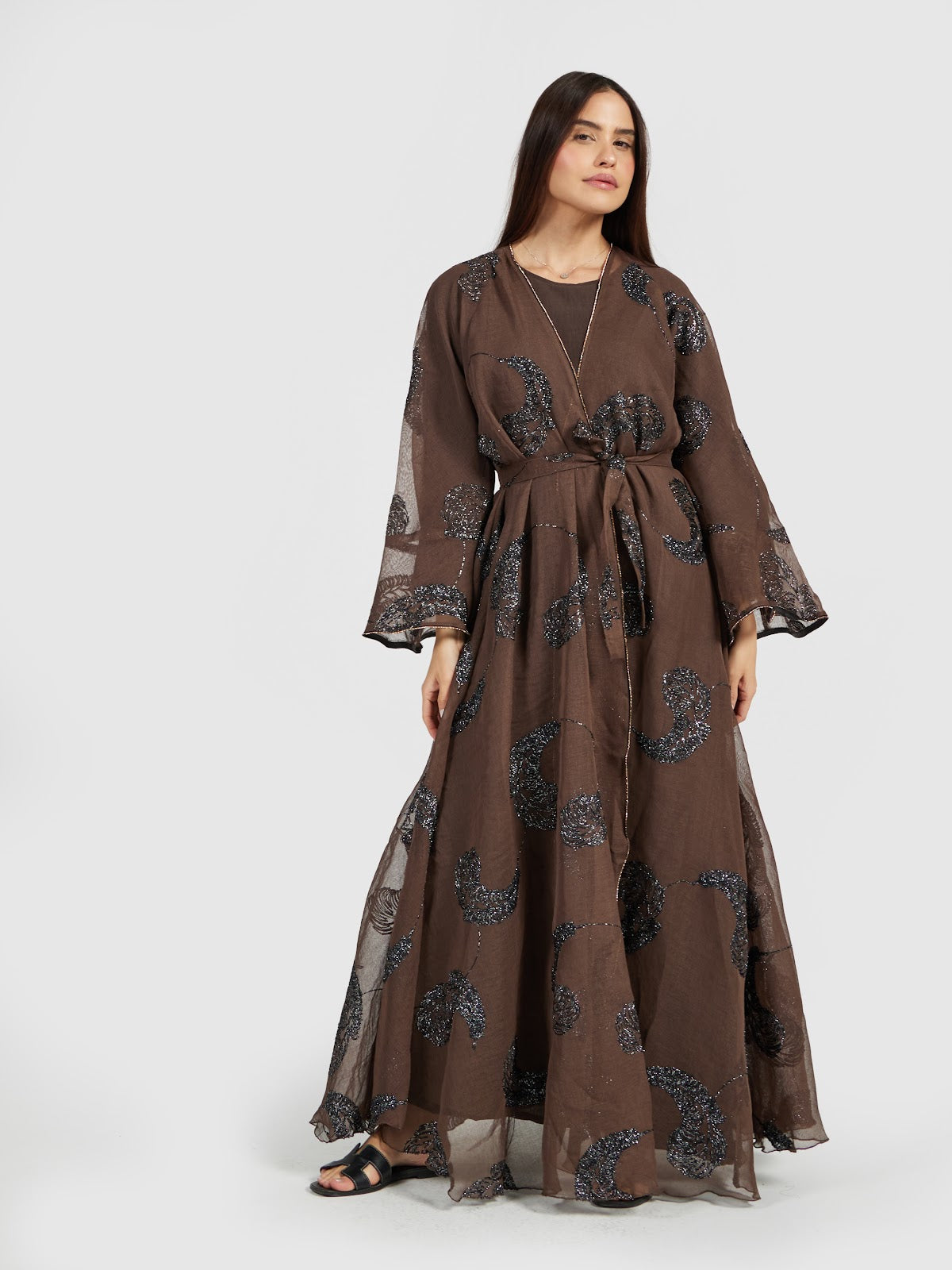 Earthy Bronze Marble Print Organza Abaya with Sequin Accents