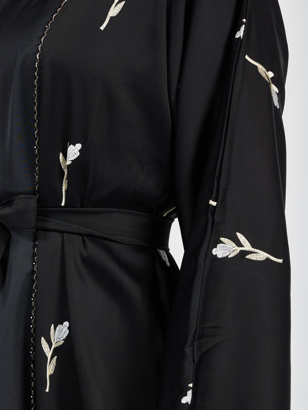 Women's Black Embroidered Abaya with Waist Belt