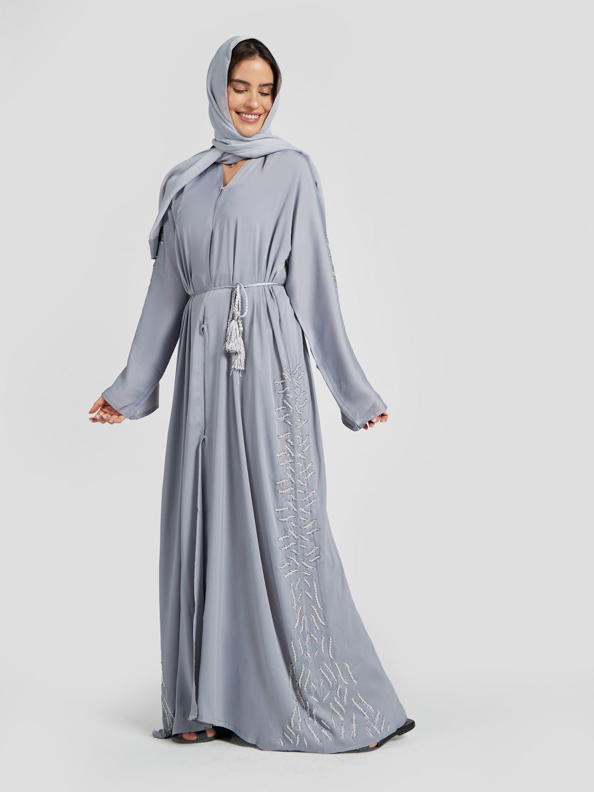 Soft Grey Floral Embroidered Abaya - Modern Modest Kaftan with Tassel Belt