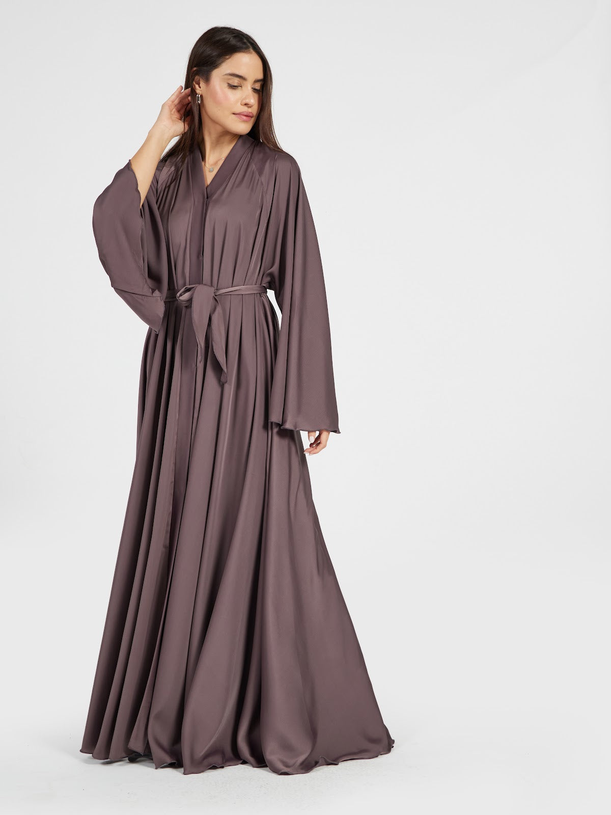 Mauve Taupe Satin Silk Abaya - Sophisticated Flowy Modest Maxi Dress