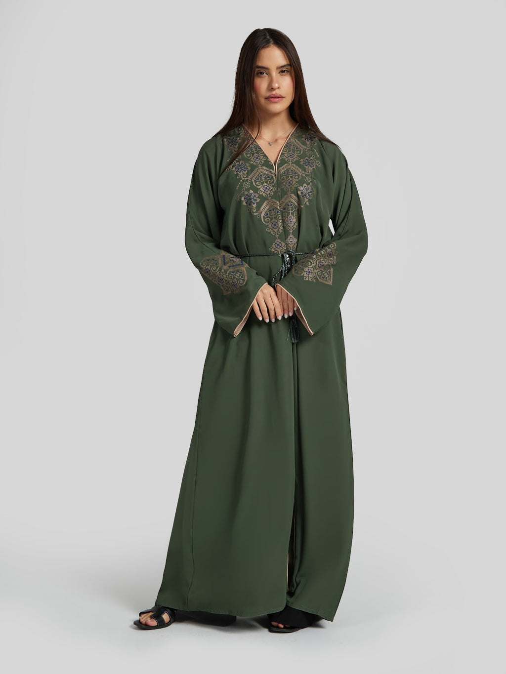 Forest Green Traditional Embroidered Abaya - Modest Tassel Kaftan