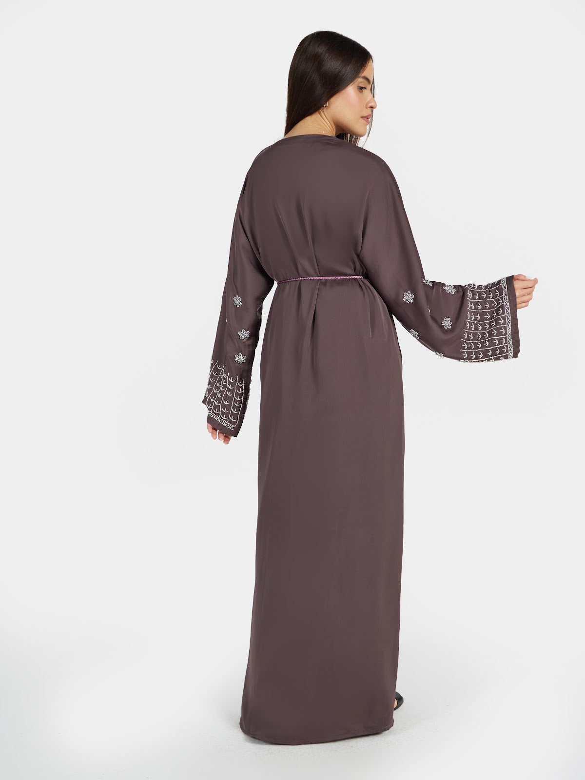Mauve-Brown Embroidered Abaya with Intricate Cuff Detail