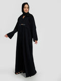 Sophisticated Black Pleated Abaya with Gold Buckle Accent
