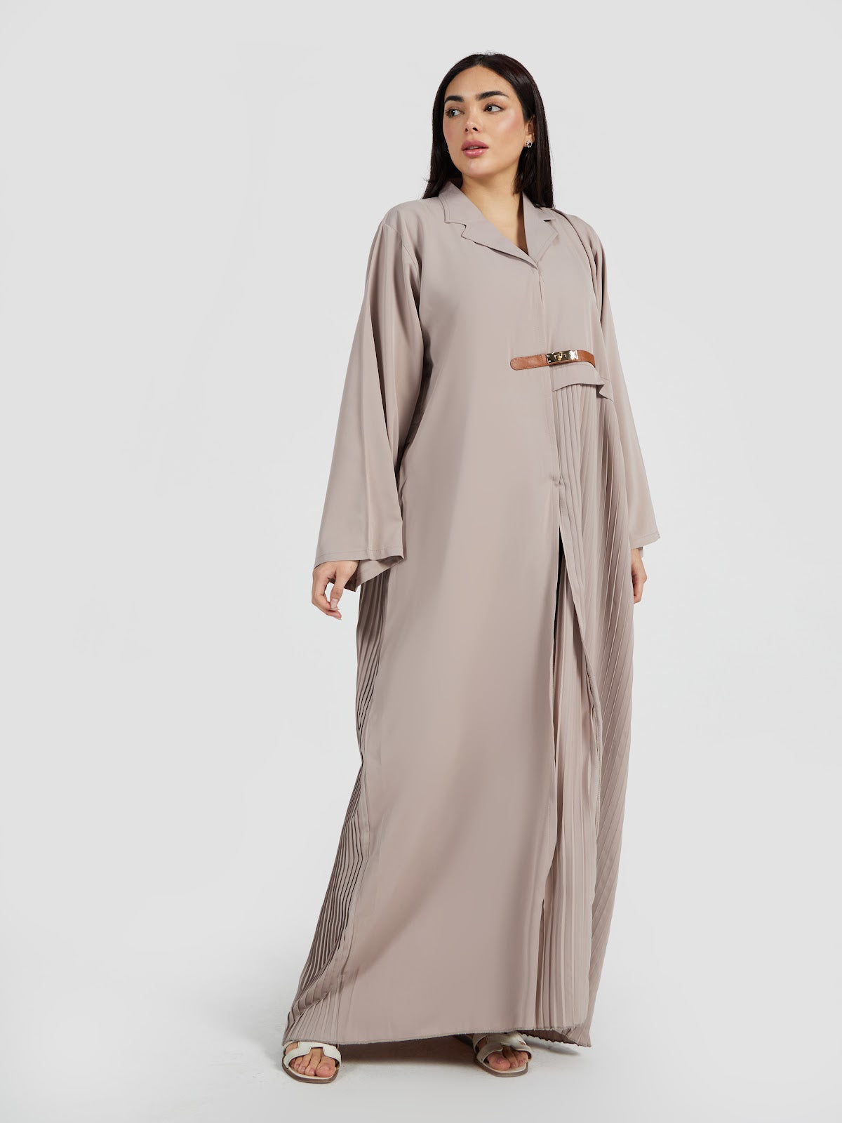 Taupe Pleated Panel Abaya with Leather Buckle Detail