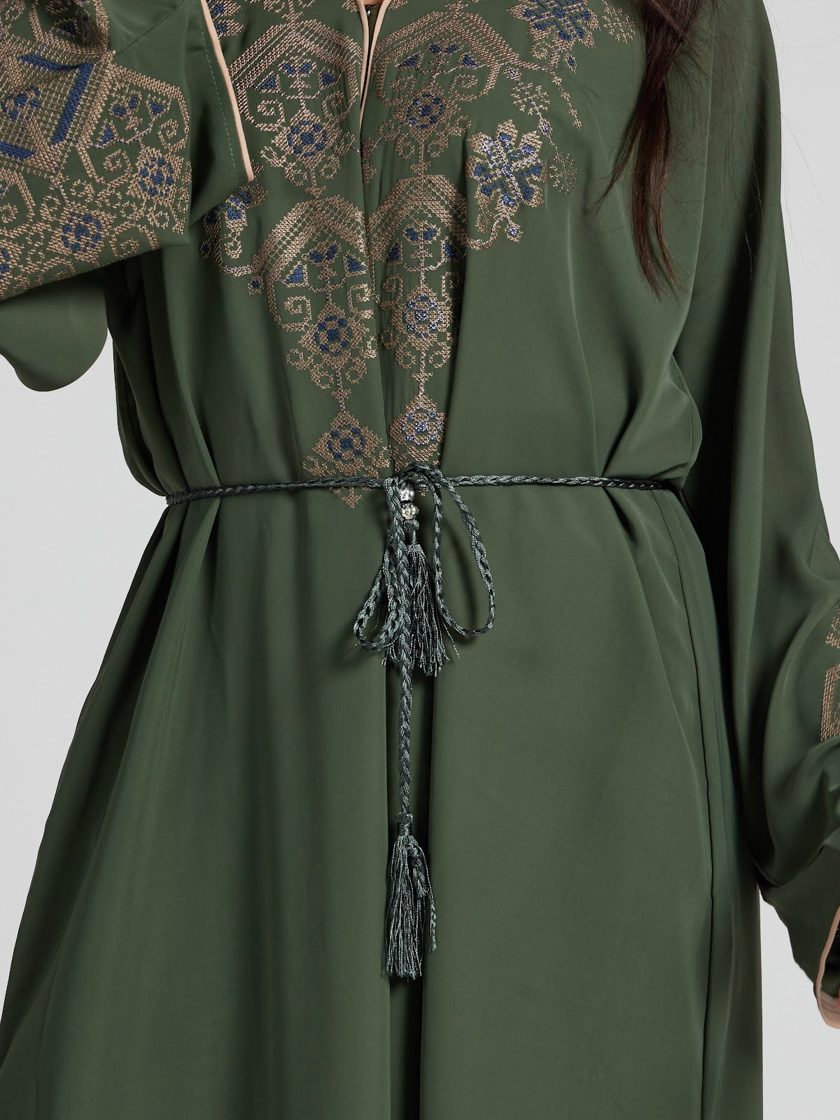Forest Green Traditional Embroidered Abaya - Modest Tassel Kaftan