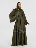 Dark Olive Satin Abaya with Crystal Banding