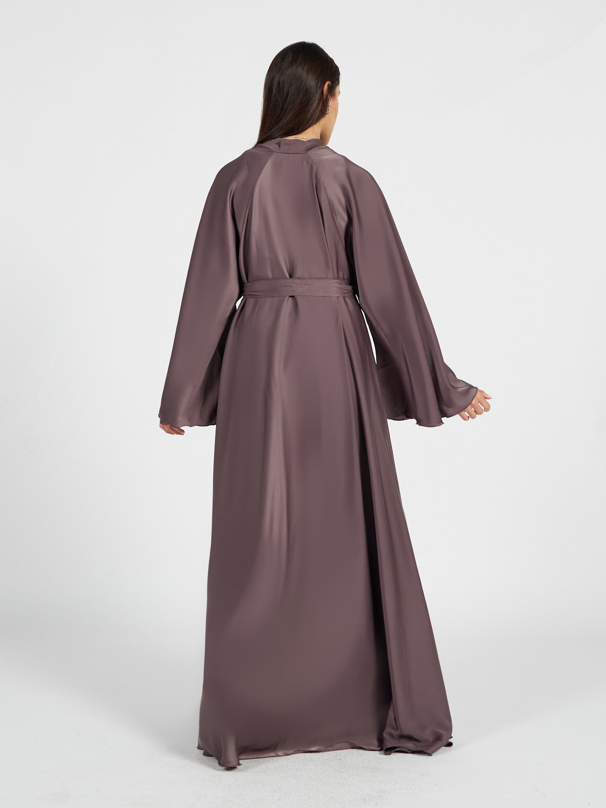 Mauve Taupe Satin Silk Abaya - Sophisticated Flowy Modest Maxi Dress