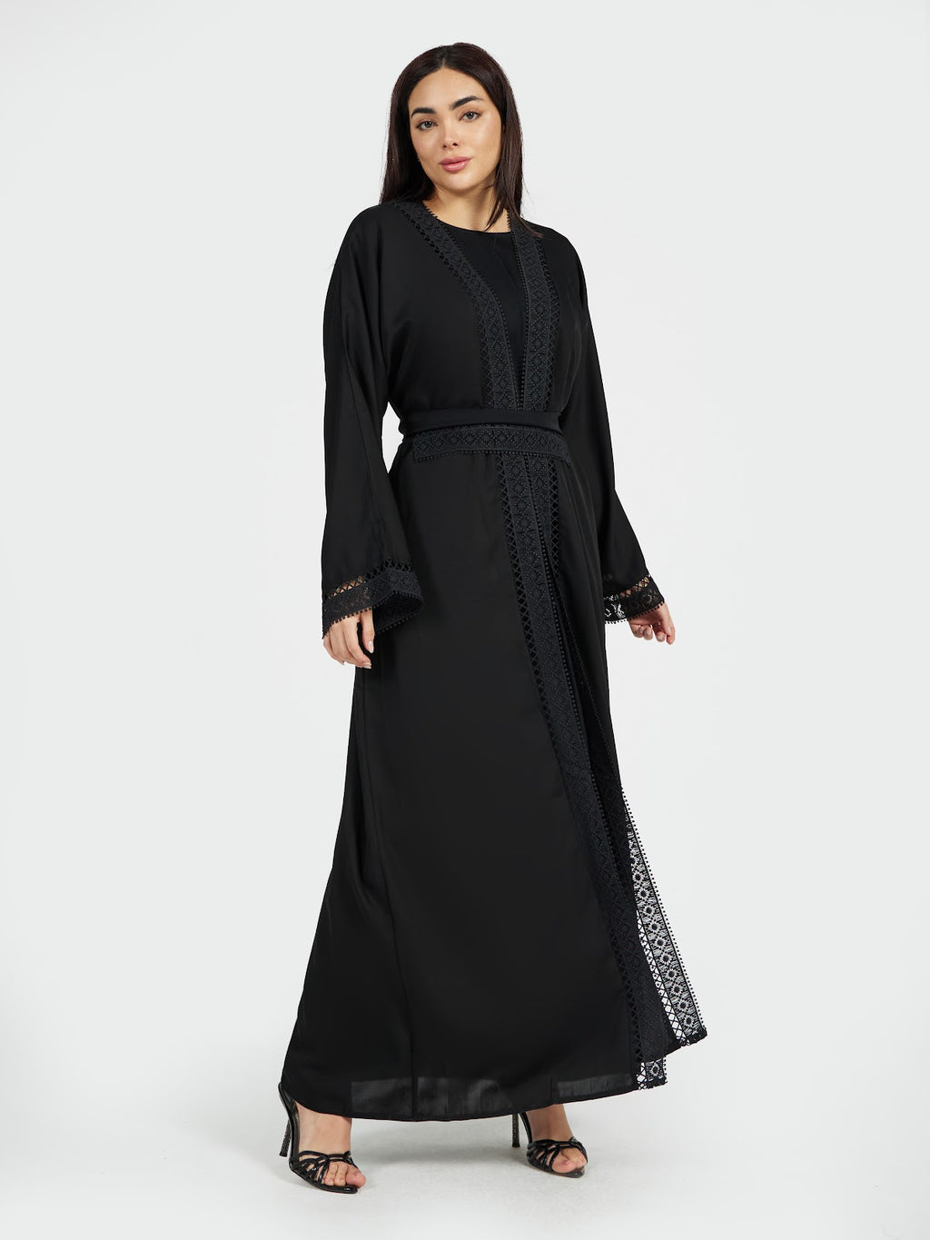 Classic Black Lace-Bordered Abaya with Matching Waist Belt
