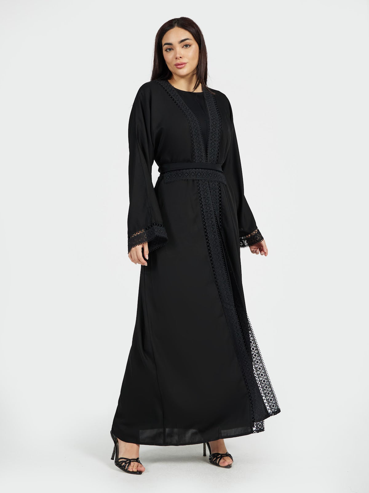 Classic Black Lace-Bordered Abaya with Matching Waist Belt