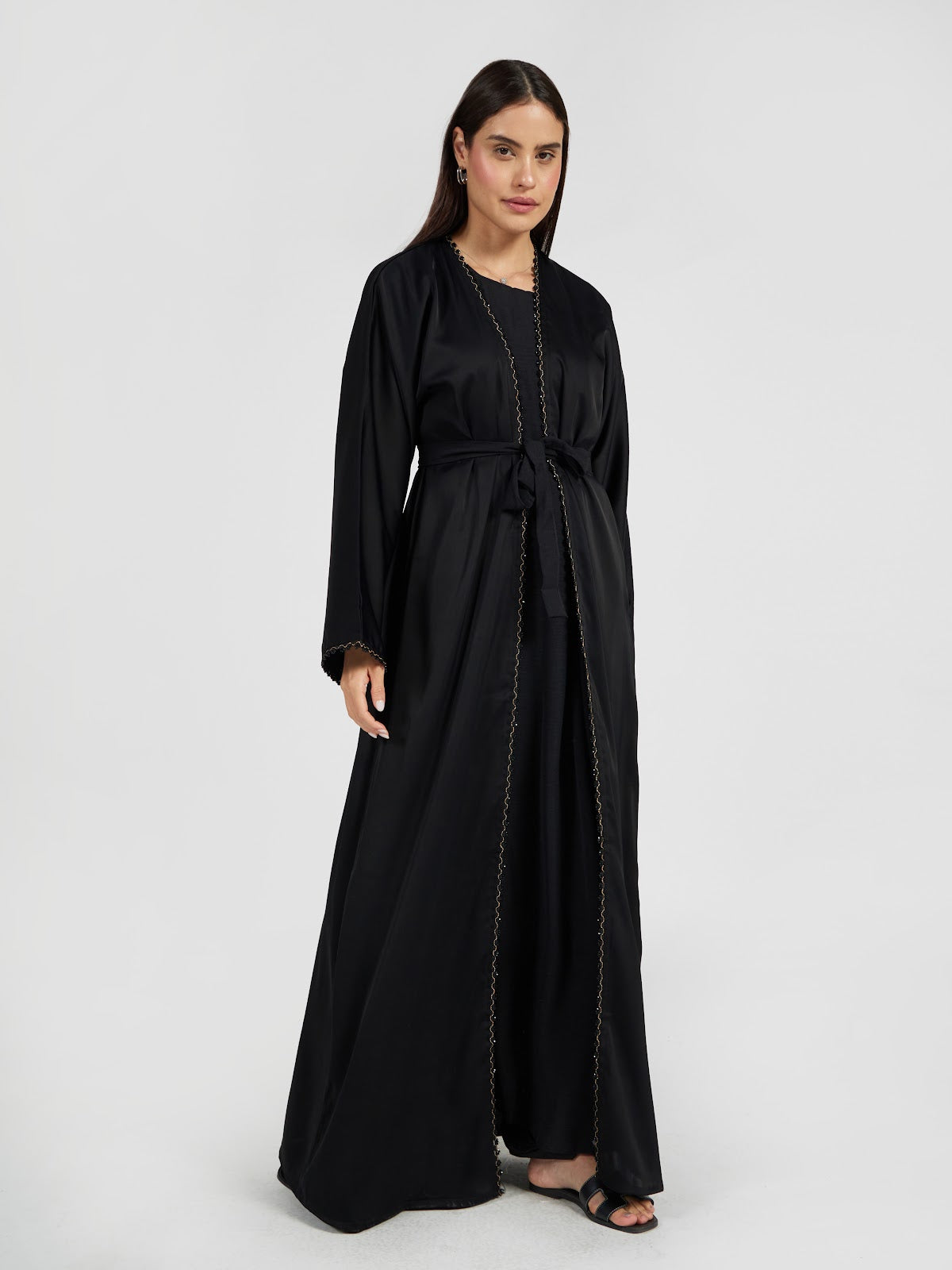 Classic Black Open Front Abaya with Braided Gold Trim & Waist Tie
