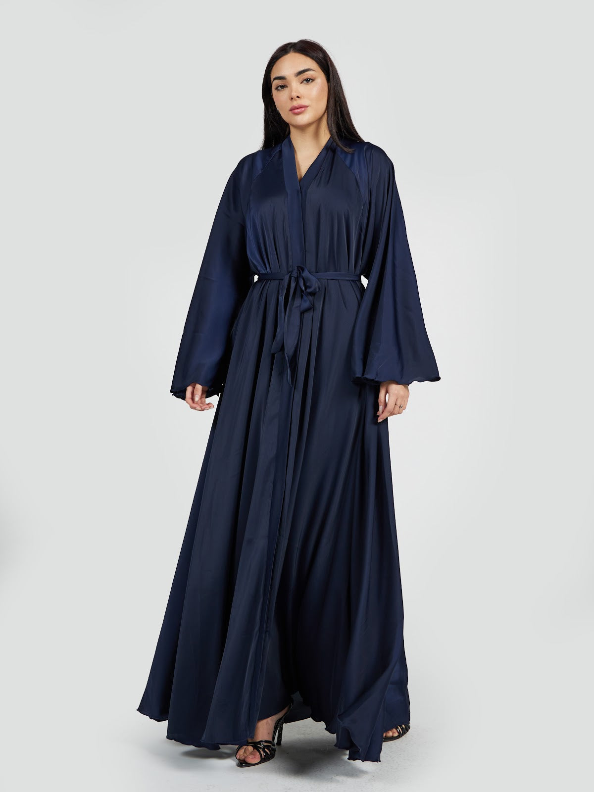 Royal Navy Blue Satin Abaya - Elegant Belted Evening Wrap Gown