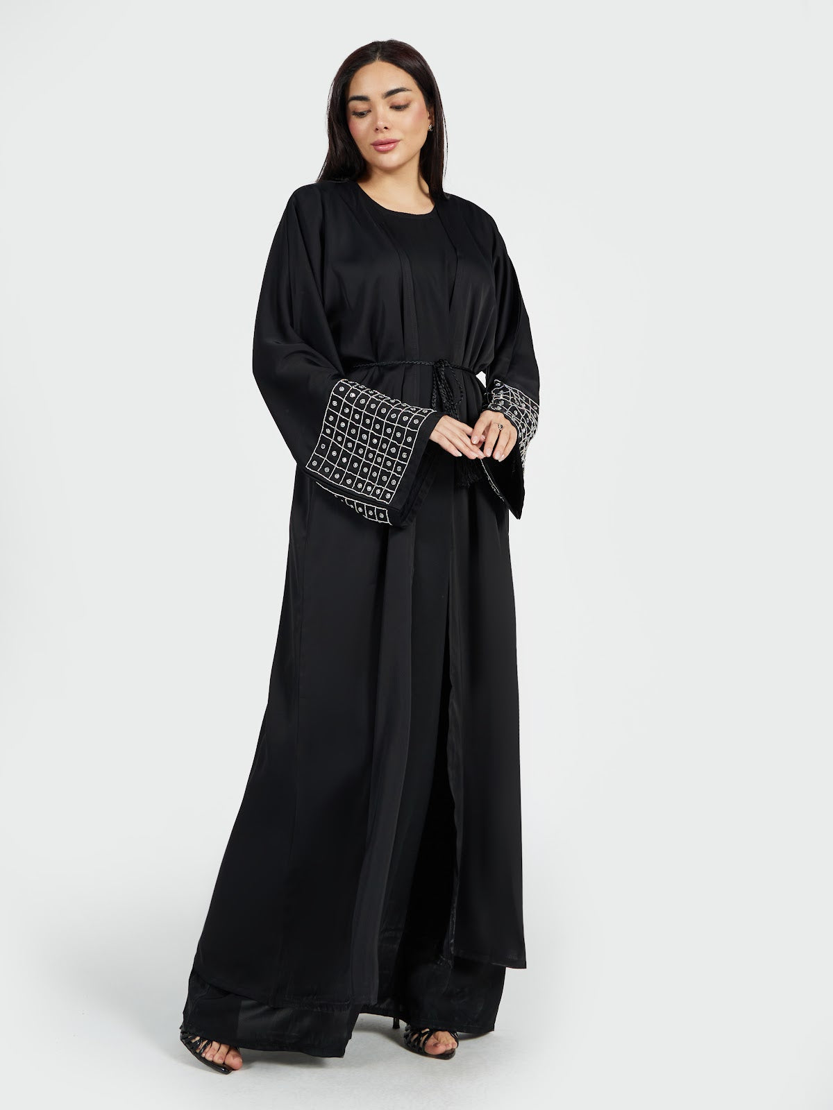 Women's Black Abaya with Geometric Grid Embroidered Sleeves