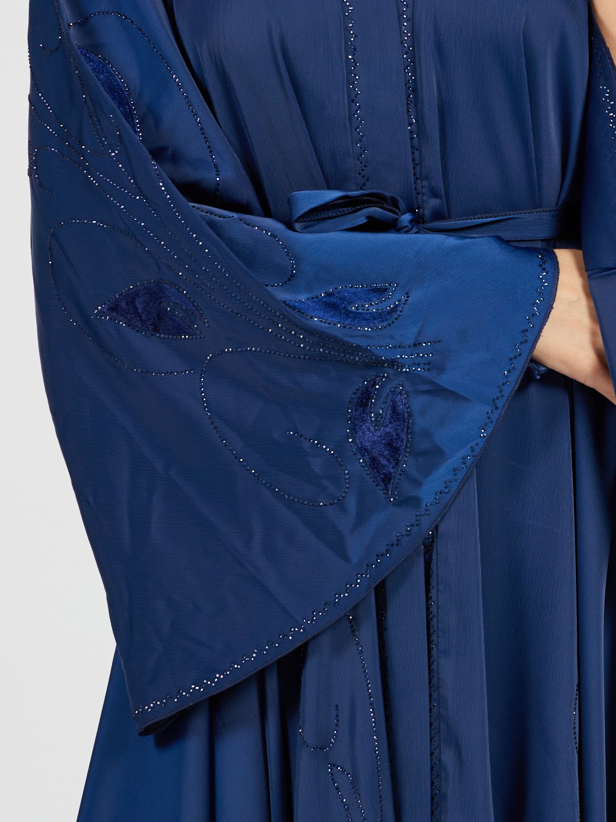 Midnight Blue Belted Satin Abaya with Leaf Embroidery