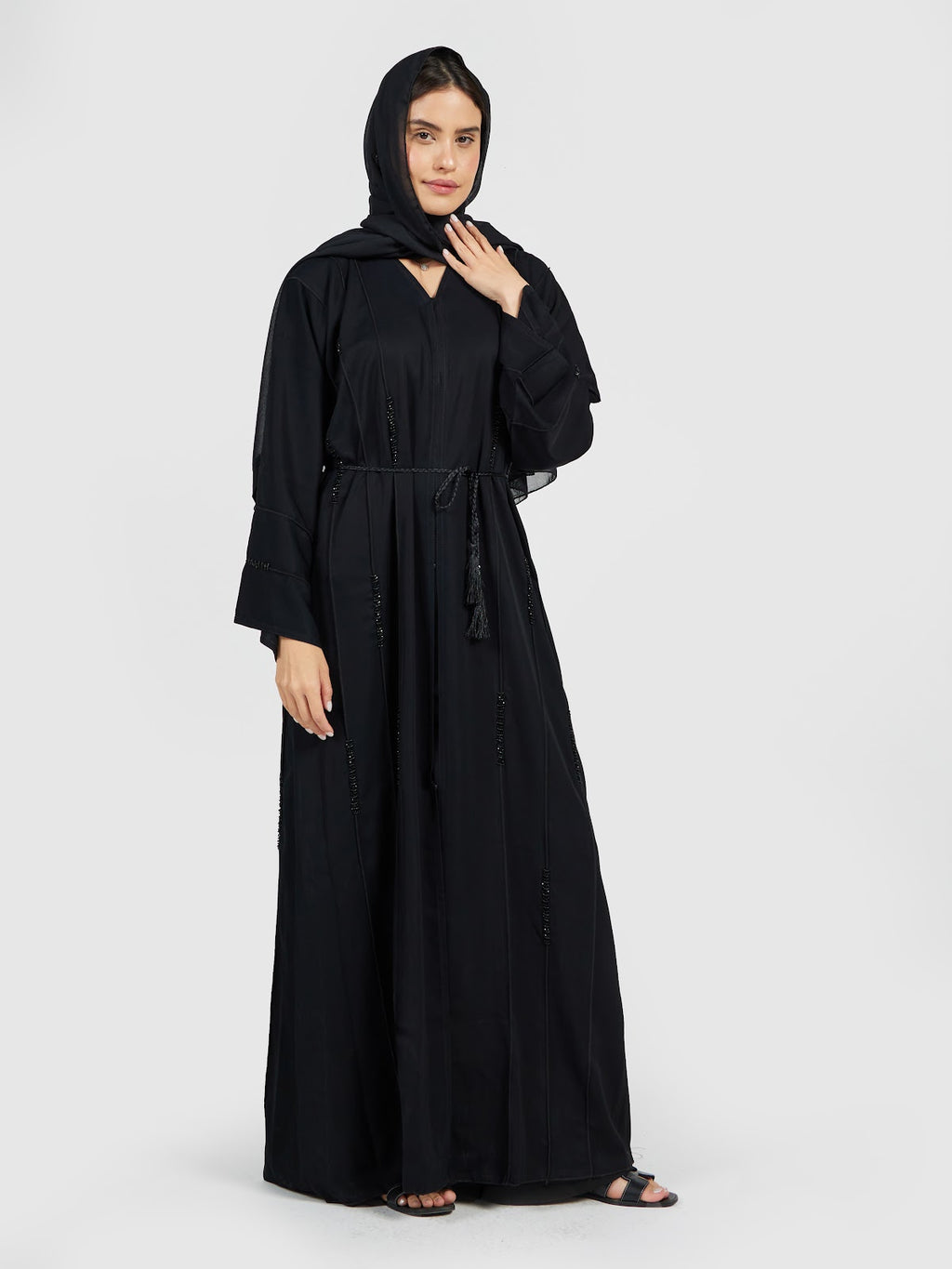 Minimalist Black Beaded Abaya - Vertical Tassel Detail Modest Dress