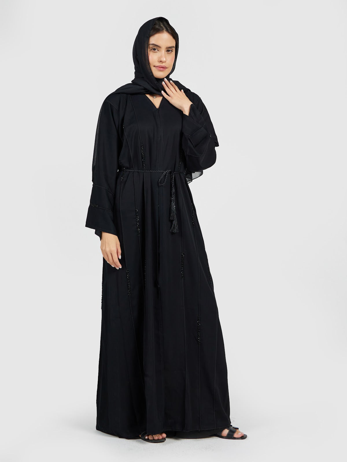 Minimalist Black Beaded Abaya - Vertical Tassel Detail Modest Dress