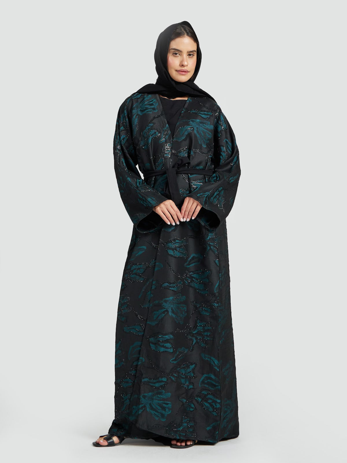 Luxury Jacquard Floral Abaya in Emerald Green and Black