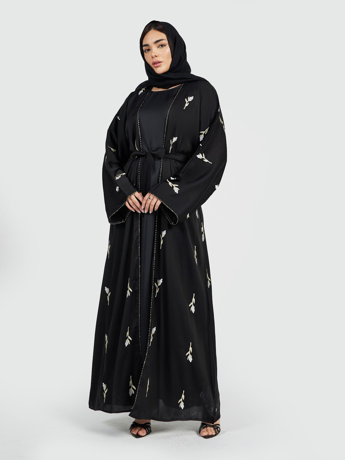 Women's Black Embroidered Abaya with Waist Belt