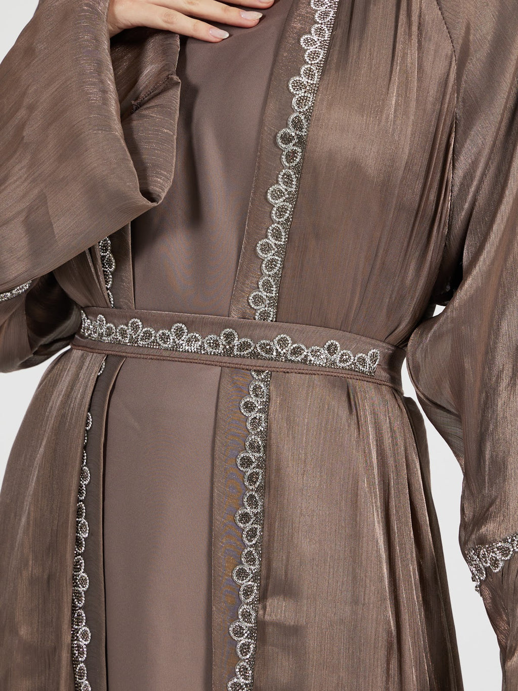 Metallic Bronze Flare Sleeve Abaya Set with Embellished Waistband