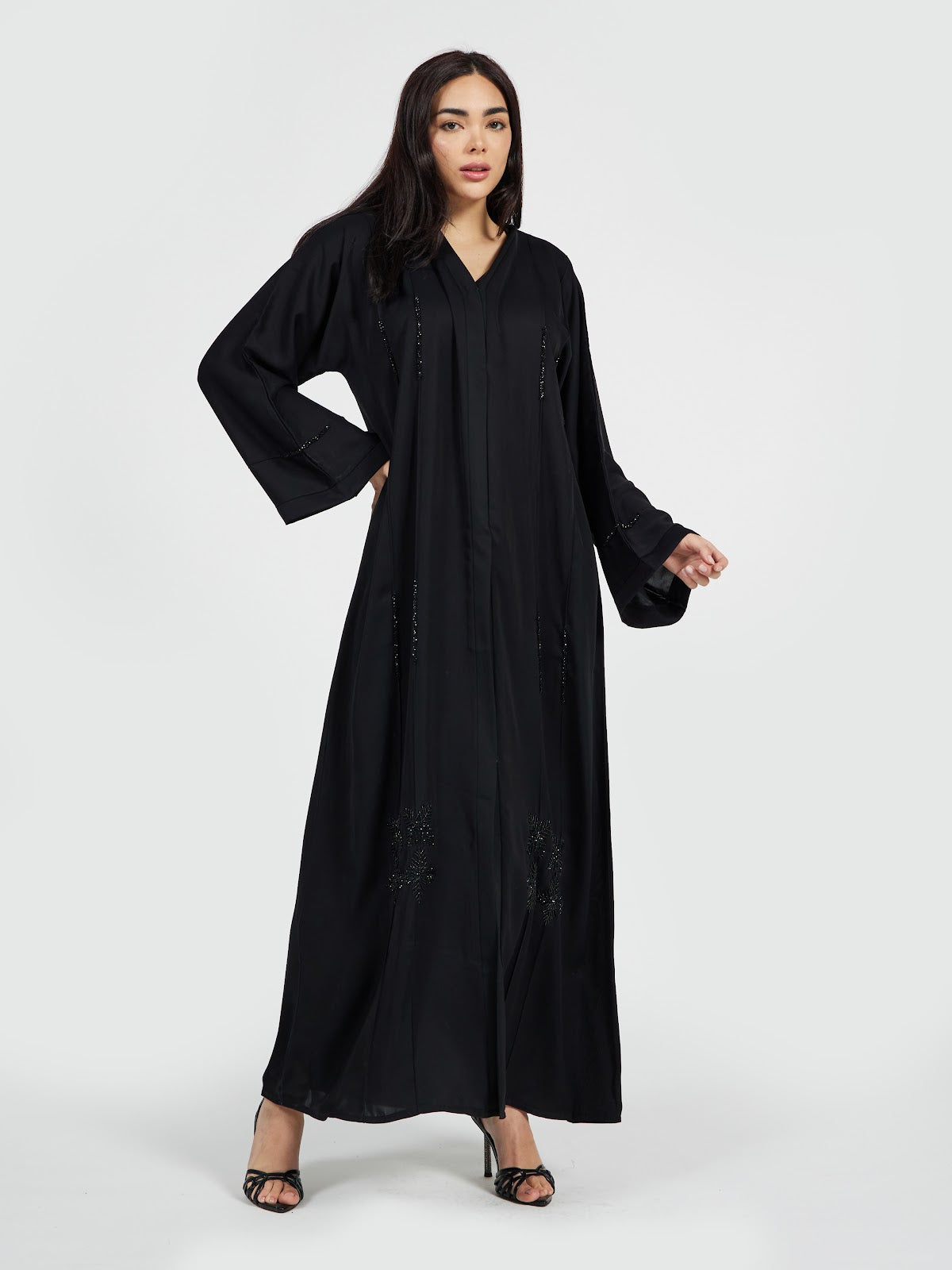 Black Kimono Abaya with Sequined Floral Accents