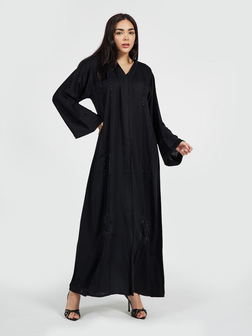 Black Kimono Abaya with Sequined Floral Accents