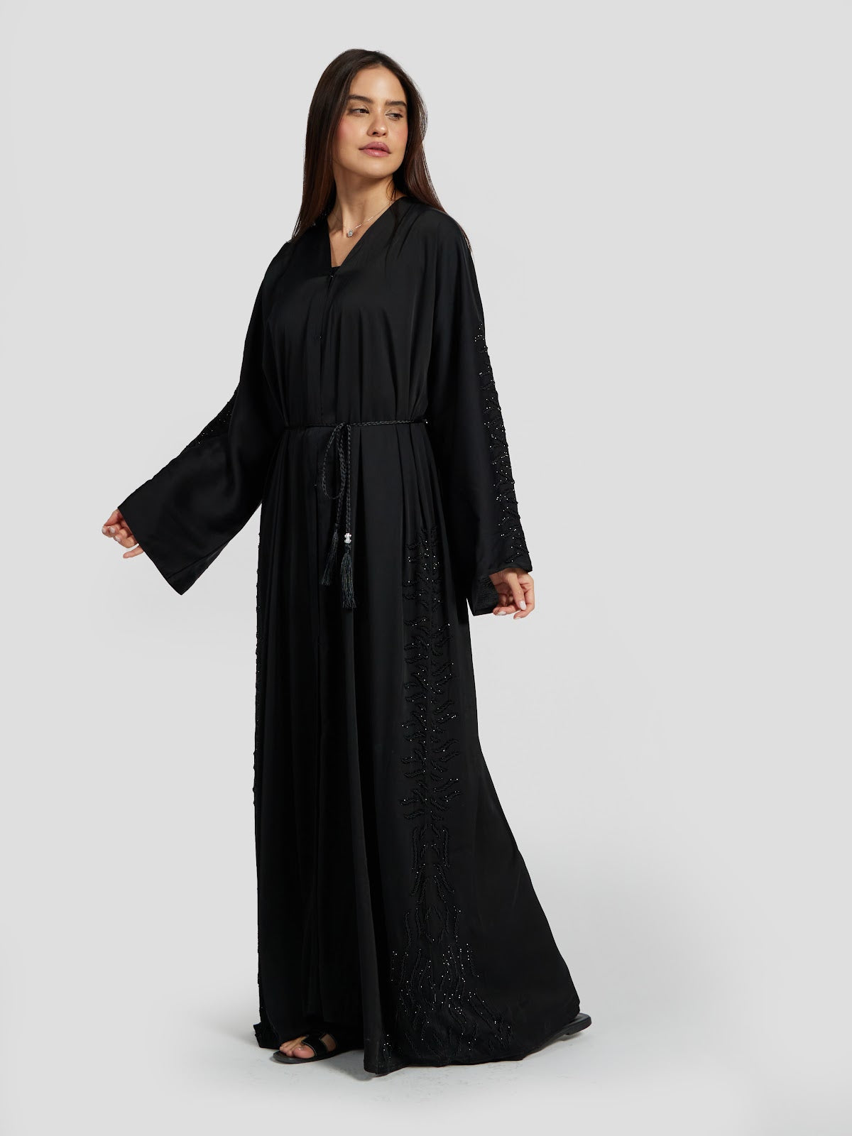 Elegant Black Tone-on-Tone Beaded Abaya - Luxury Modest Evening Gown