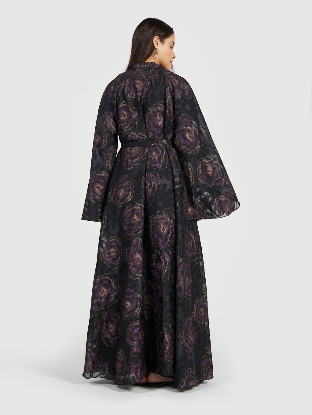 Women’s Floral Brocade Organza Abaya - Black & Purple Luxury Evening Kaftan
