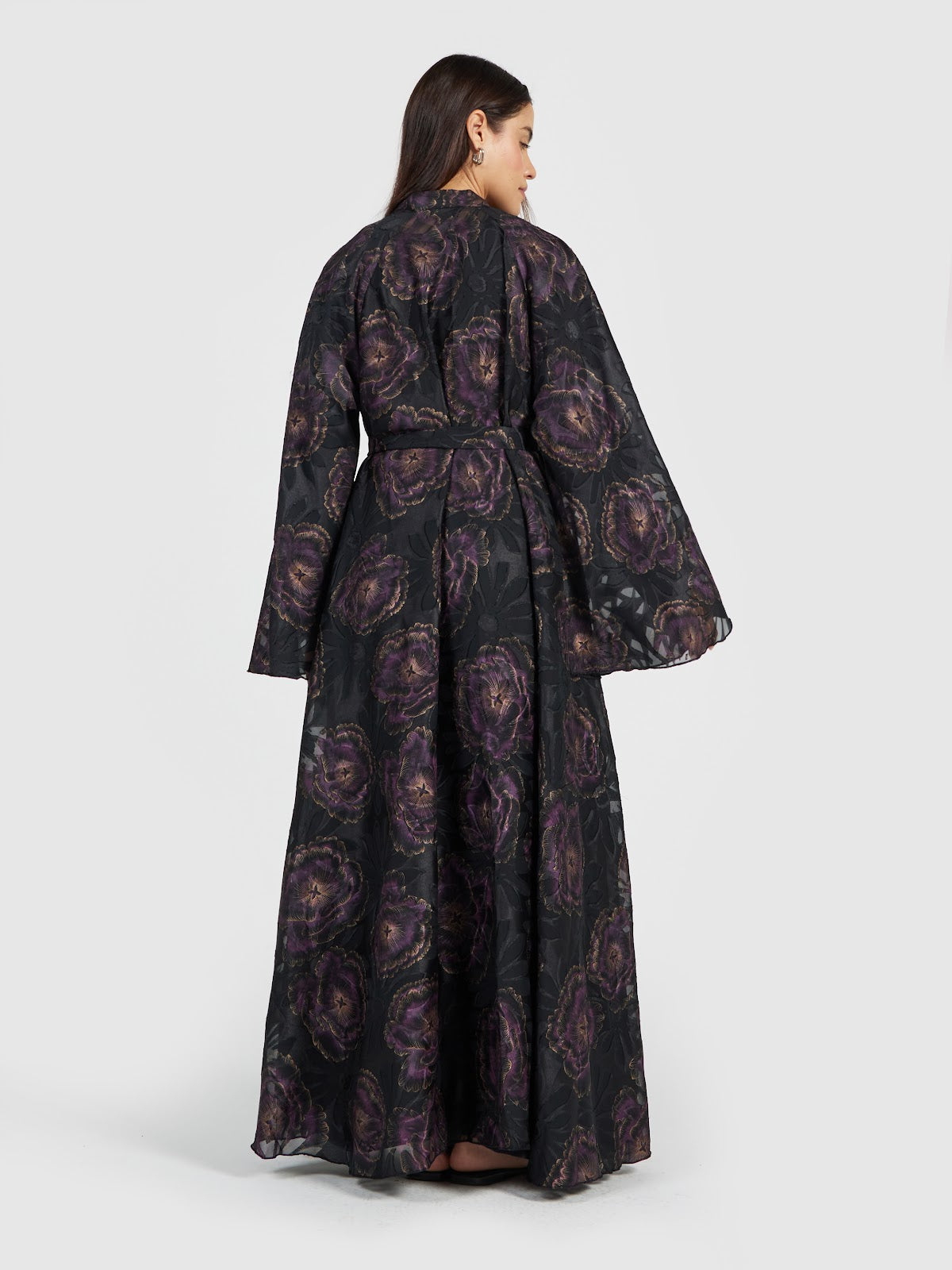 Women’s Floral Brocade Organza Abaya - Black & Purple Luxury Evening Kaftan