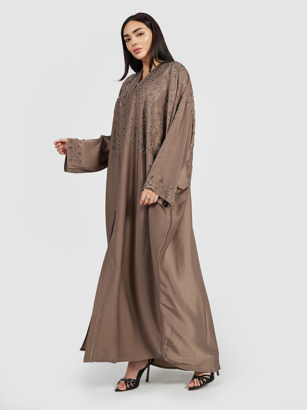 Women's Taupe Brown Embellished Open Front Abaya - Modest Evening Wear