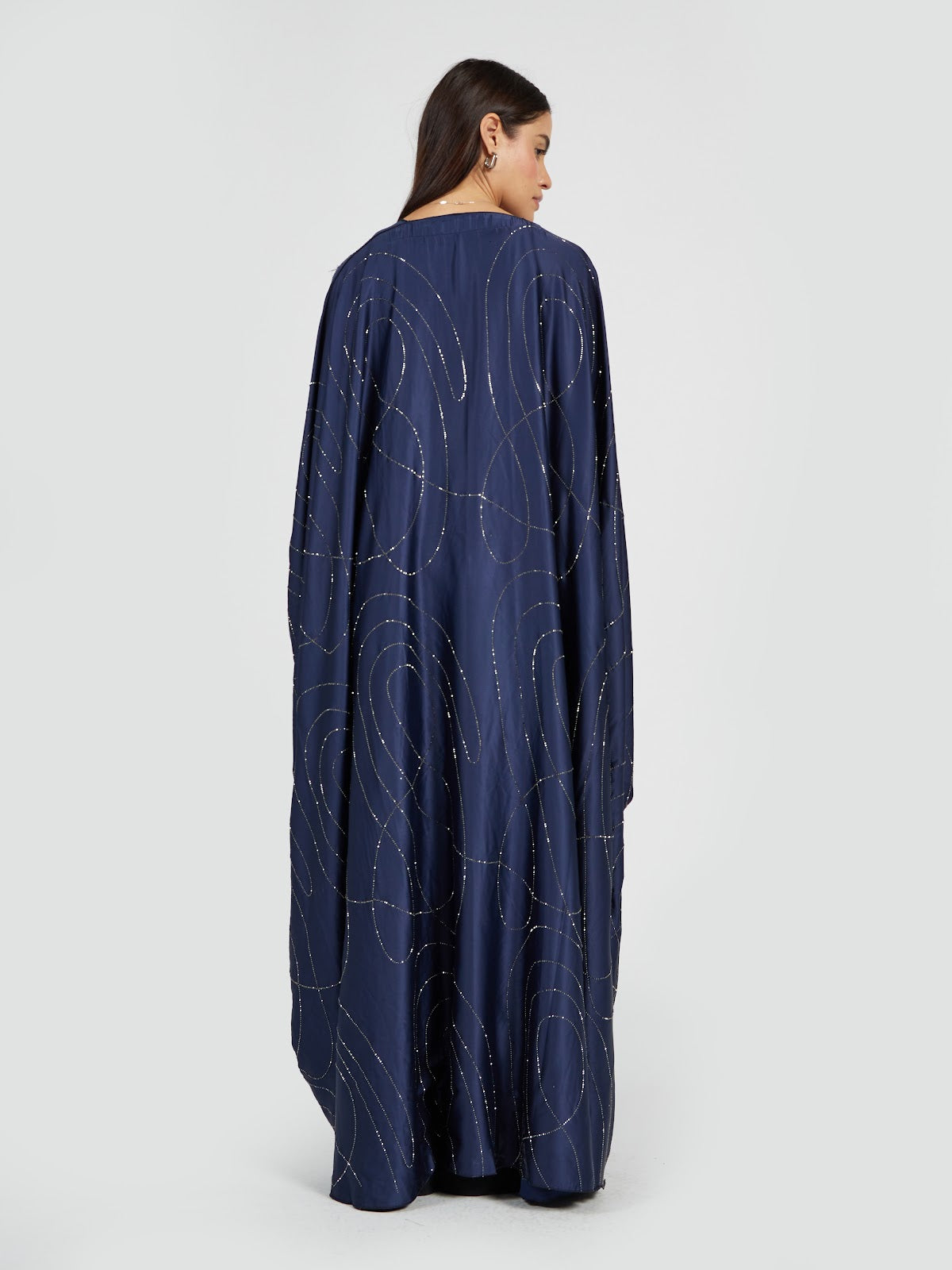 Midnight Navy Blue Sequin Draped Abaya - Luxury Modest Evening Wear