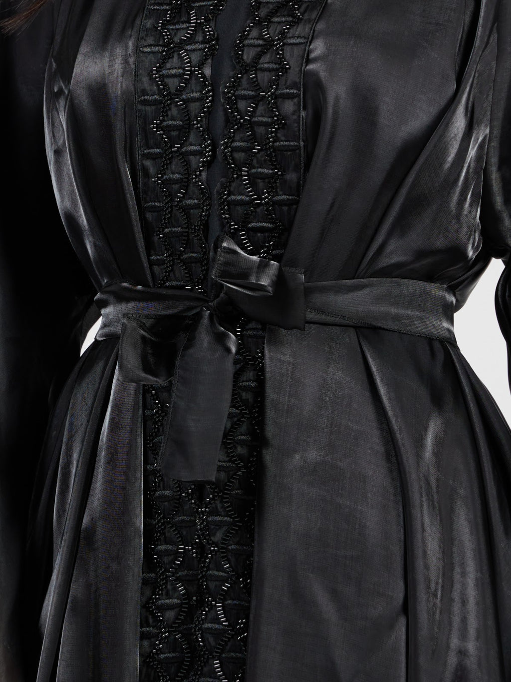Elegant Jet Black Organza Abaya with Intricate Beadwork & Belt