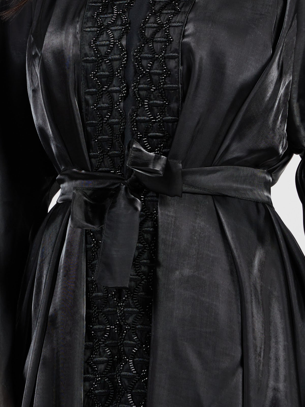 Elegant Jet Black Organza Abaya with Intricate Beadwork & Belt