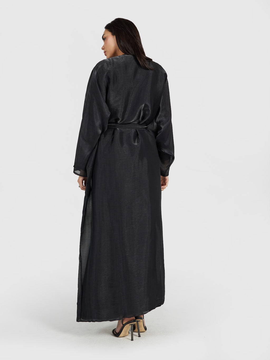 Shimmering Black Organza Layered Abaya with Tie Waist