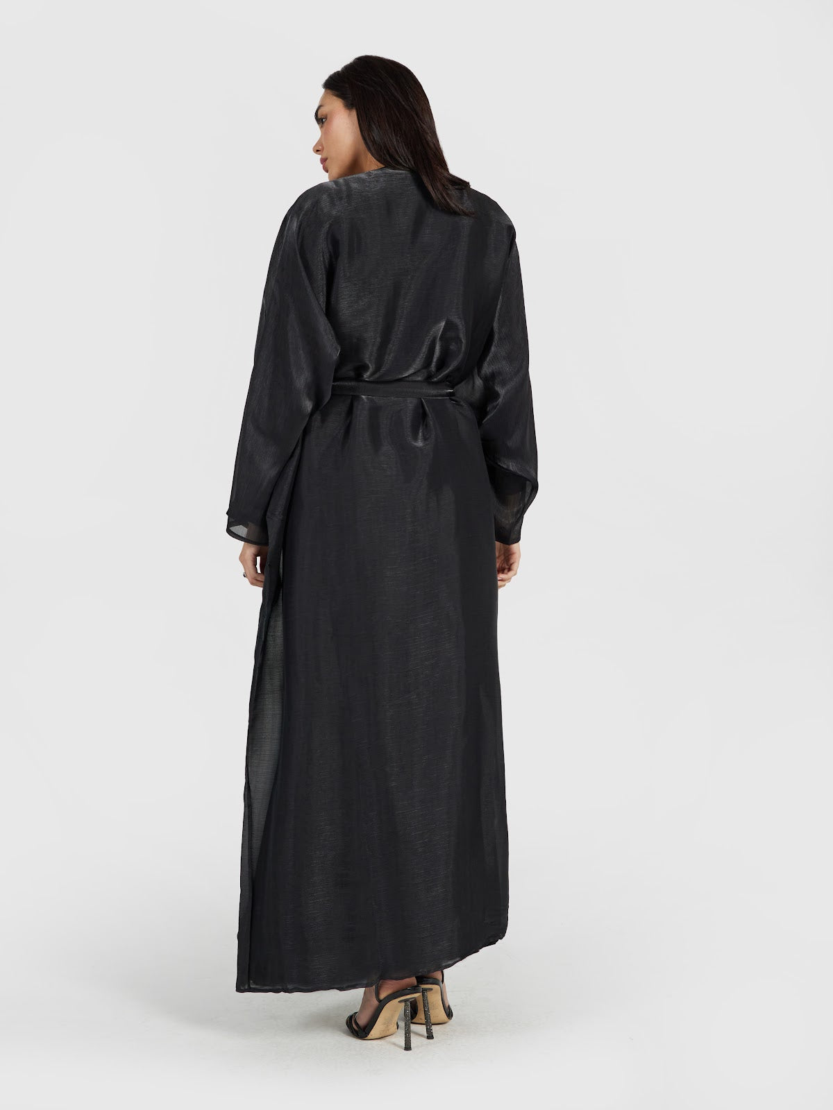 Shimmering Black Organza Layered Abaya with Tie Waist