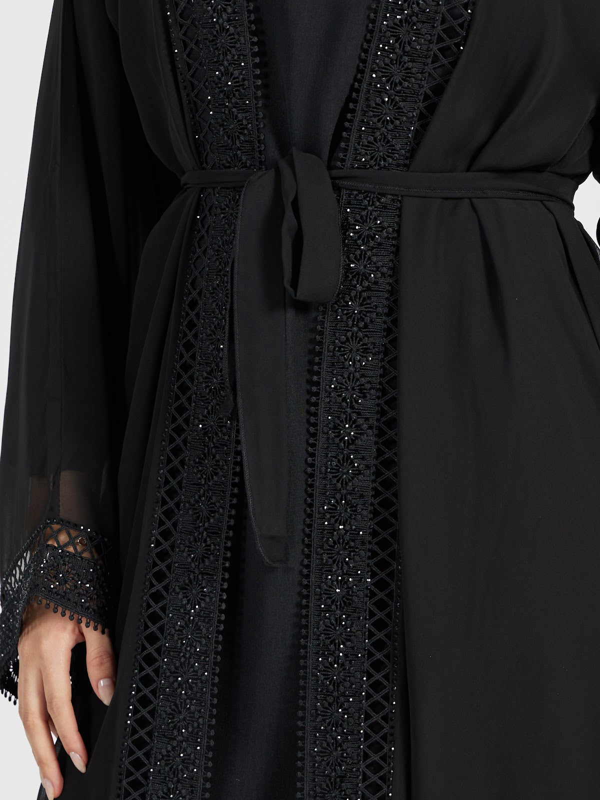 Formal Black Open Abaya Set with Sequin Lace Border and Inner Dress