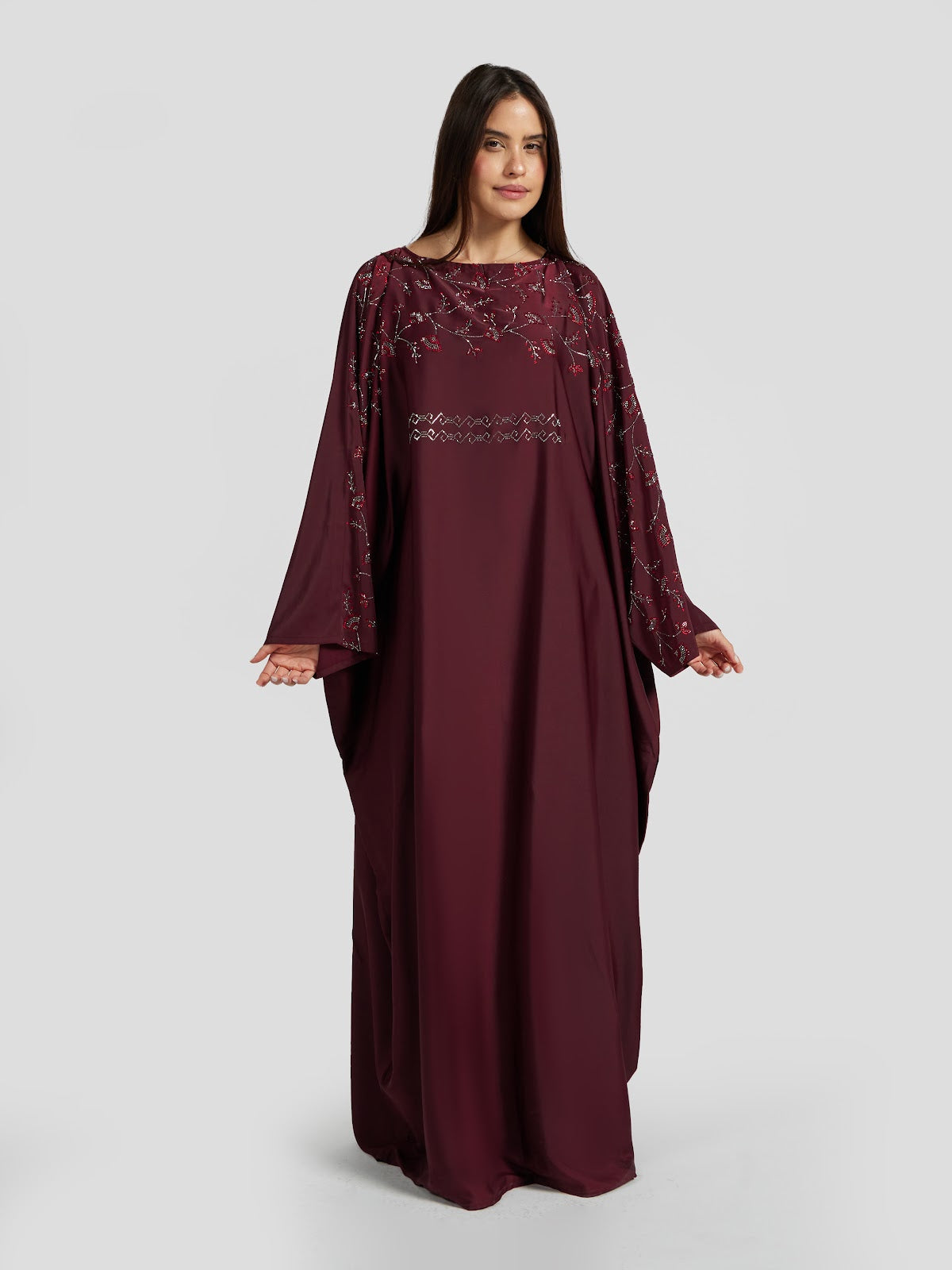 Deep Maroon Embroidered Kaftan Abaya with Silver Stones