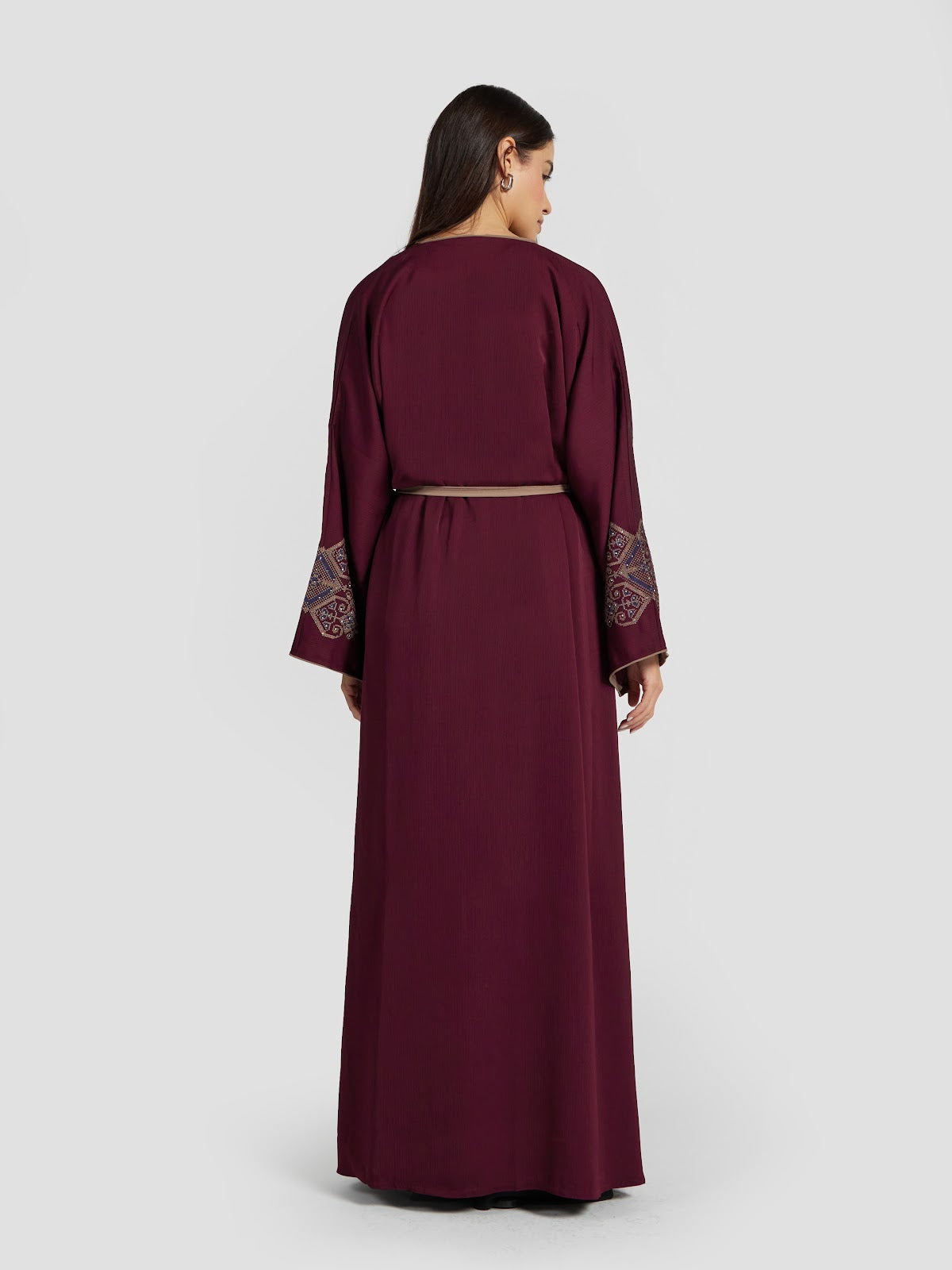 Maroon & Khaki Two-Tone Layered Abaya - Intricate Yoke Embroidery