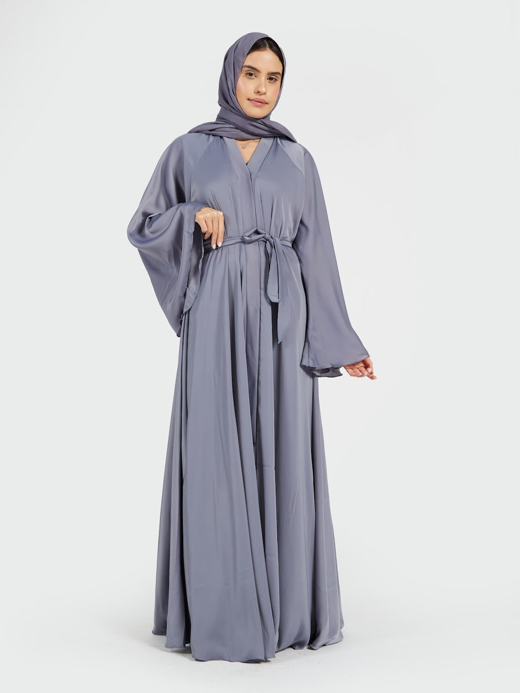 Steel Gray Satin Silk Abaya - Modern Minimalist Modest Wrap