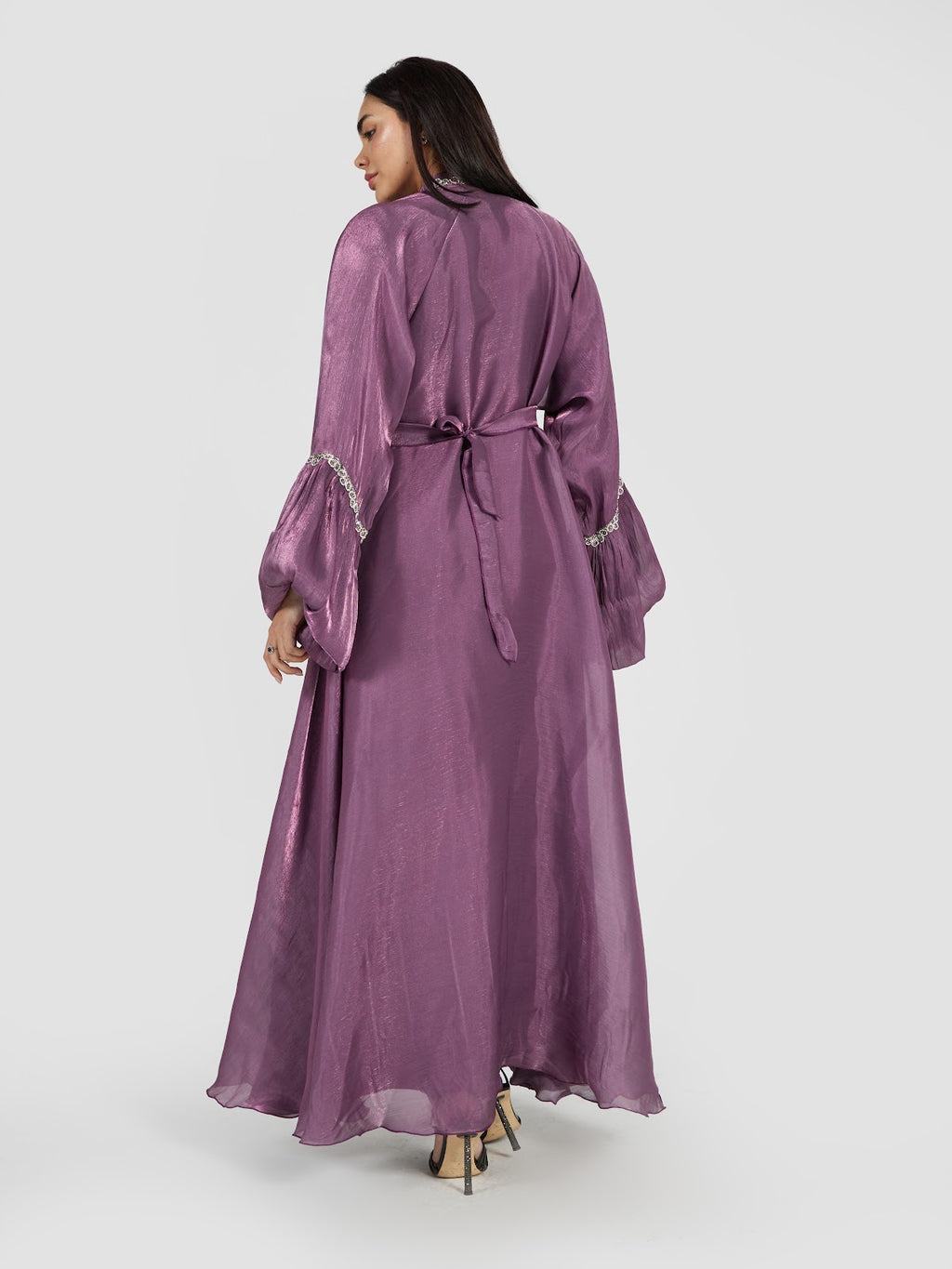 Shimmer Chiffon Bell-Sleeve Abaya Set with Silver Beaded Trim