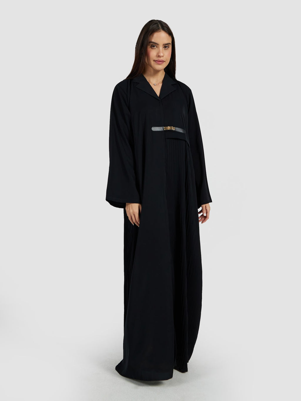 Sophisticated Black Pleated Abaya with Gold Buckle Accent