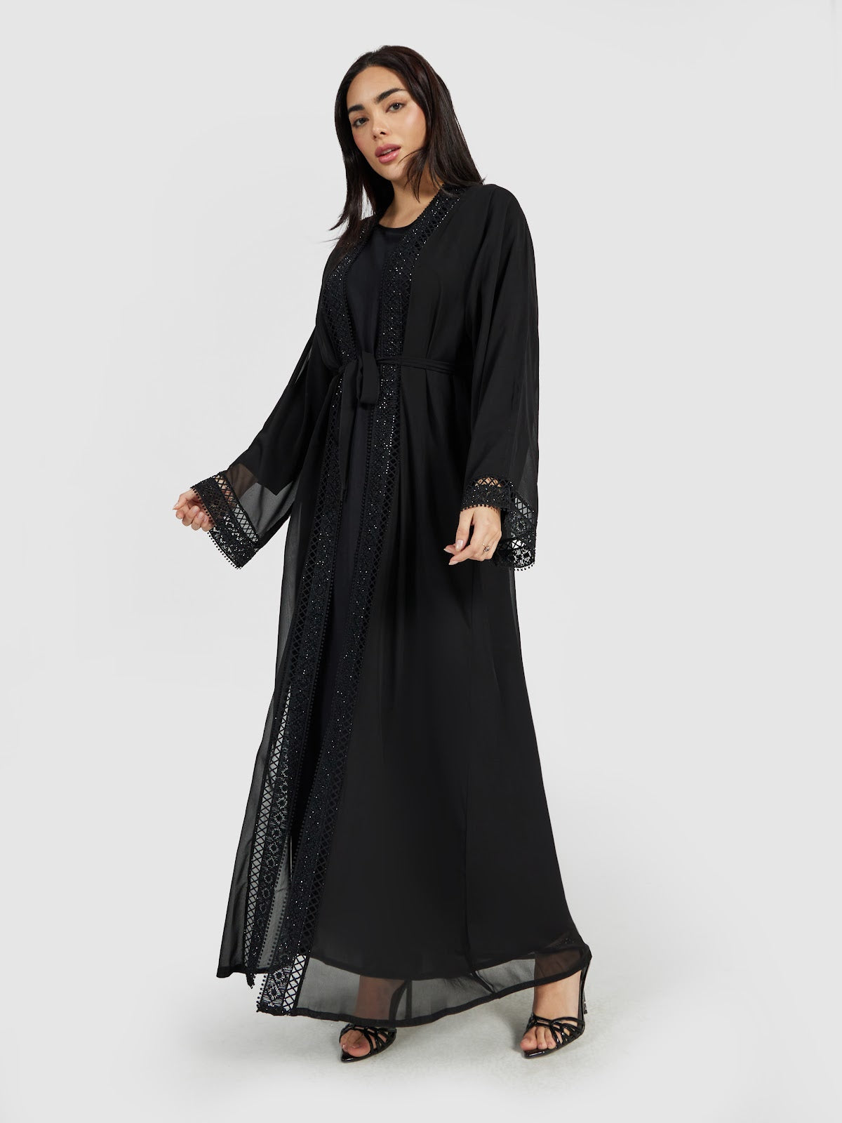 Formal Black Open Abaya Set with Sequin Lace Border and Inner Dress