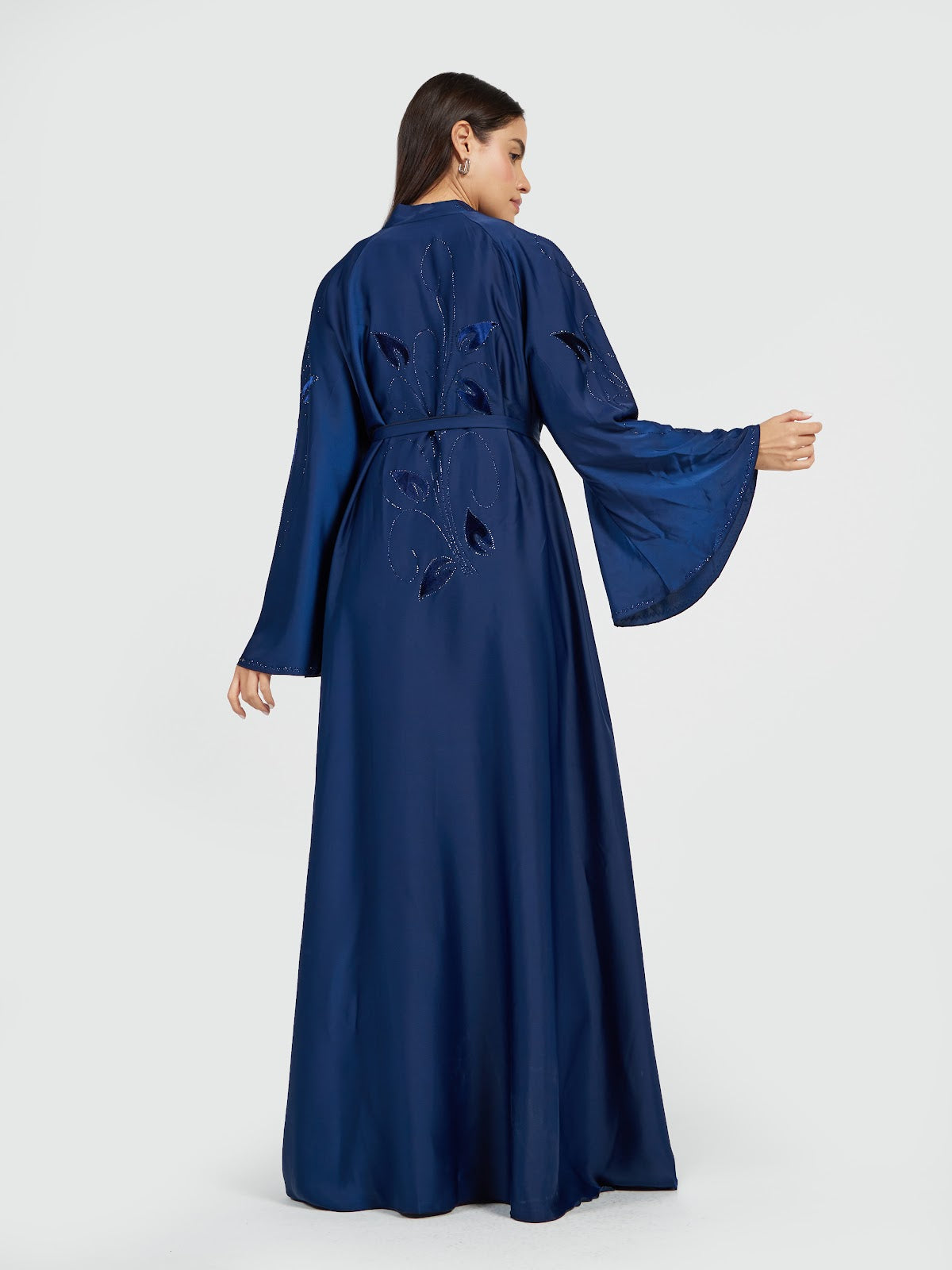 Midnight Blue Belted Satin Abaya with Leaf Embroidery