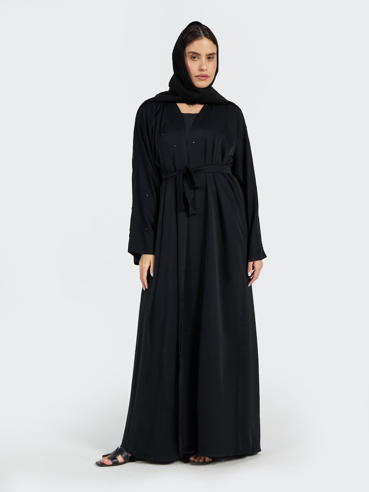 Minimalist Black Belted Abaya with Subtle Beadwork