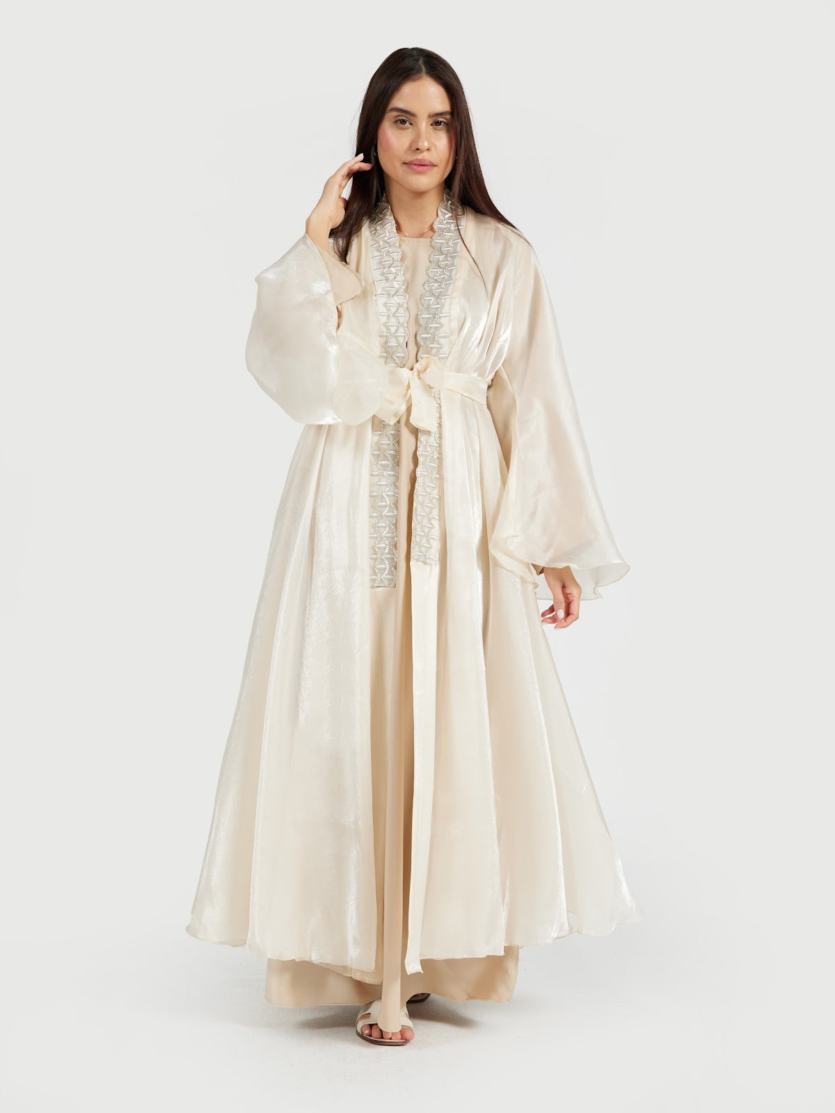Women's Luxury Champagne Organza Shimmer Abaya with Belt