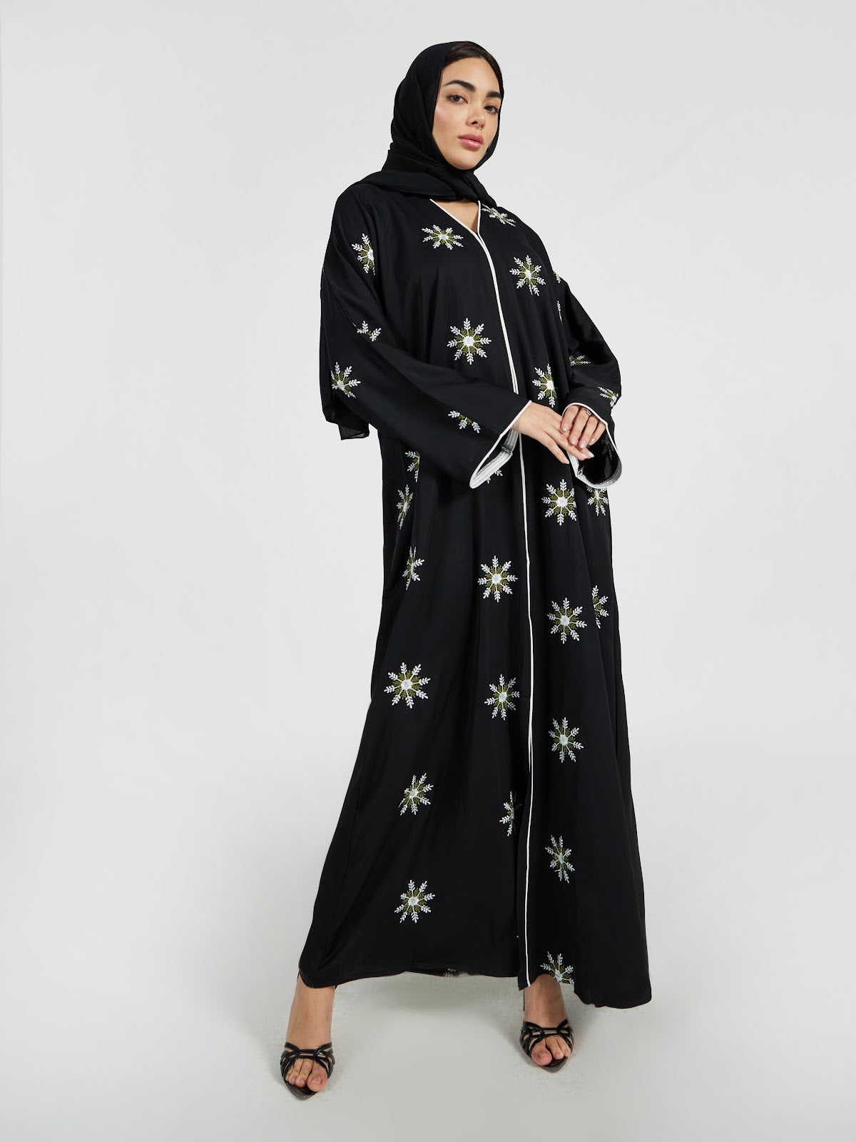 Snowflake Embroidered Festive Abaya with White Piping