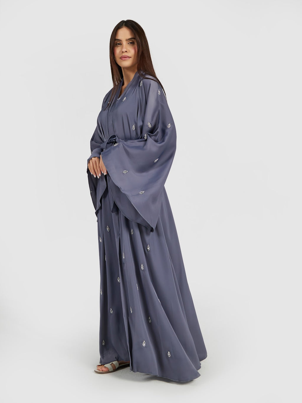 Slate Blue Embroidered Abaya with Flare Sleeves