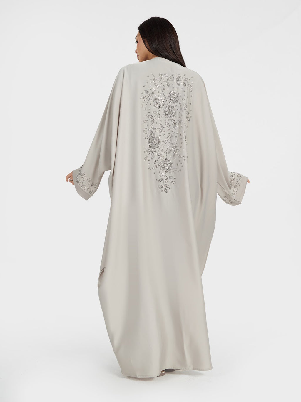 Elegant Light Grey Floral Embroidered V-Neck Abaya for Women